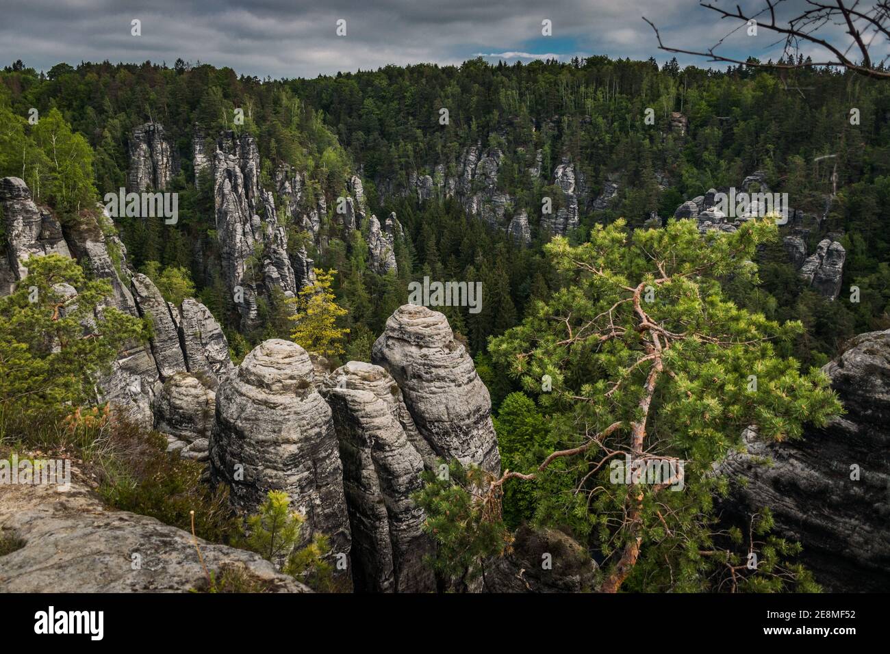 Il Bastei è una formazione rocciosa che si erge sopra il fiume Elba, nelle montagne di arenaria dell'Elba in Germania. Foto Stock