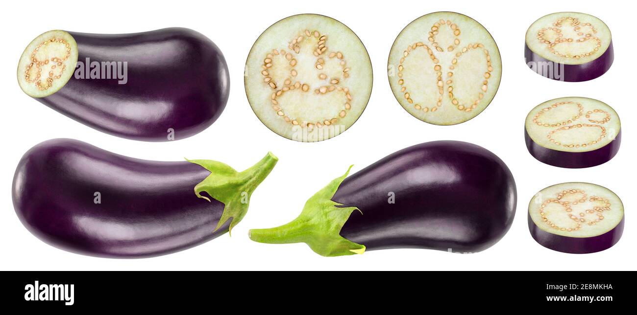 Raccolta di melanzane intere e tagliate isolate su sfondo bianco Foto Stock