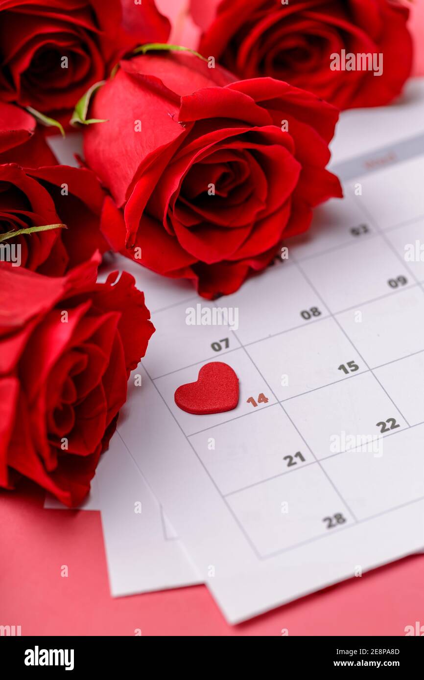 San Valentino. Cuori e rose rosse sulla pagina Calendario. 14 febbraio di San Valentino. Sfondo rosa. Foto Stock