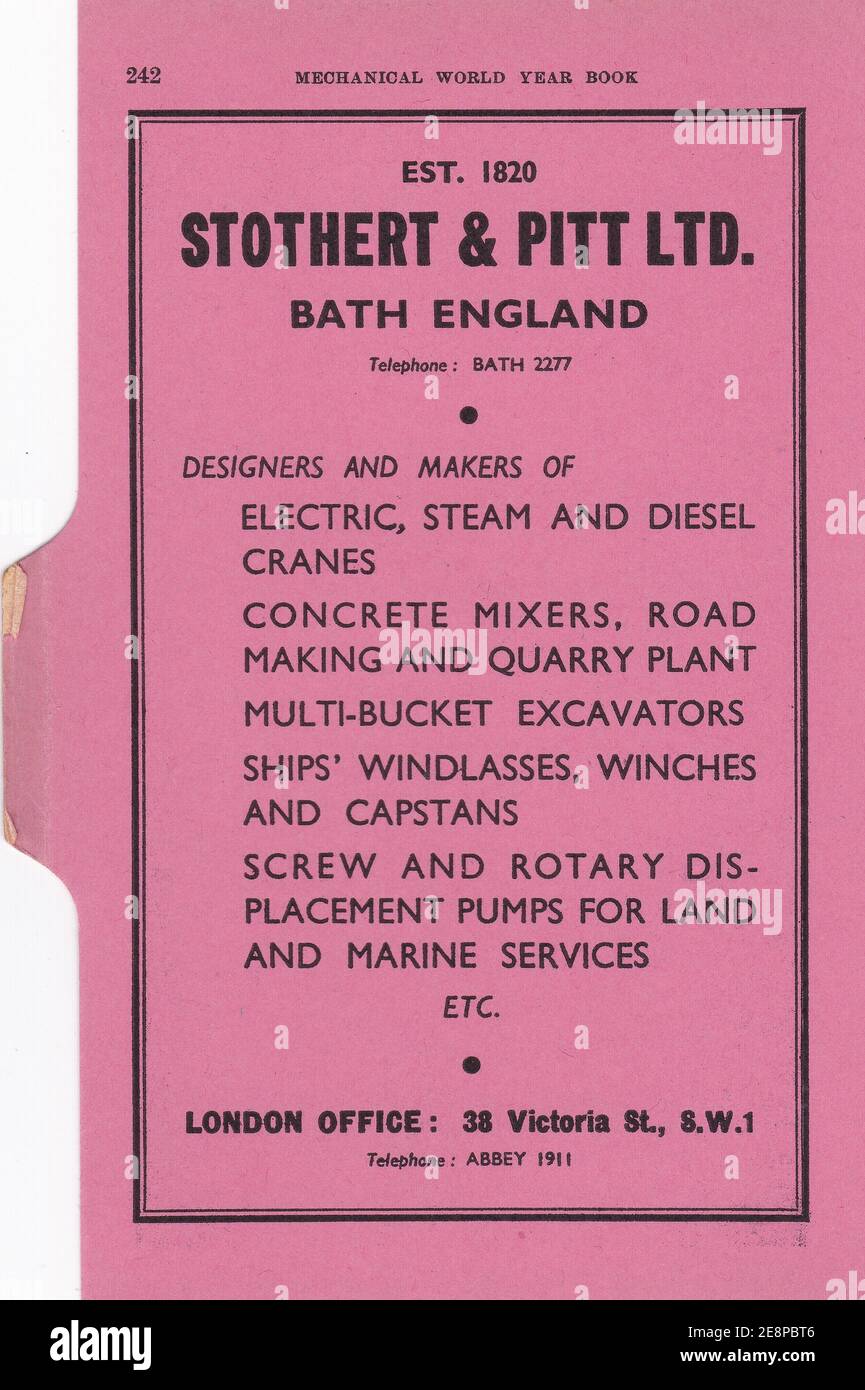 Pubblicità vintage per Stothert & Pitt Ltd. Foto Stock