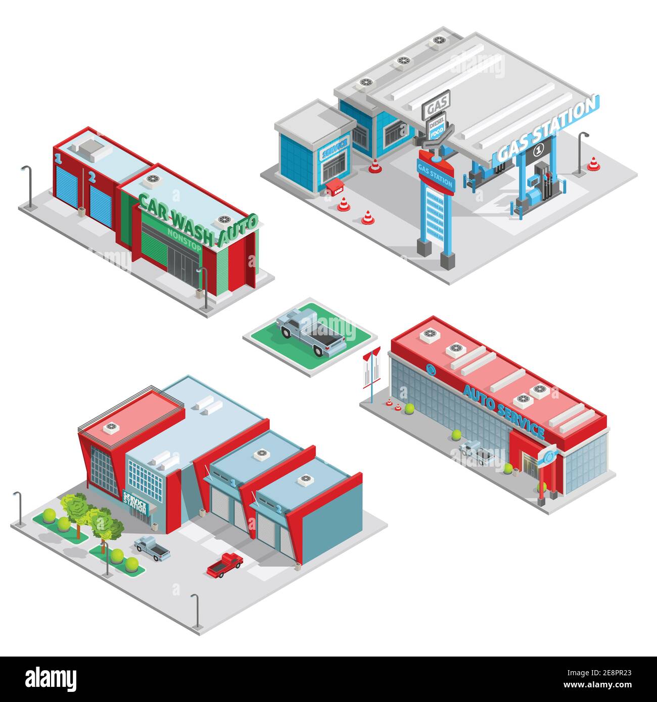 Moderni impianti di servizio auto composizione isometrica con stazione di servizio e. illustrazione vettoriale isolata astratta degli edifici del lavaggio auto Illustrazione Vettoriale