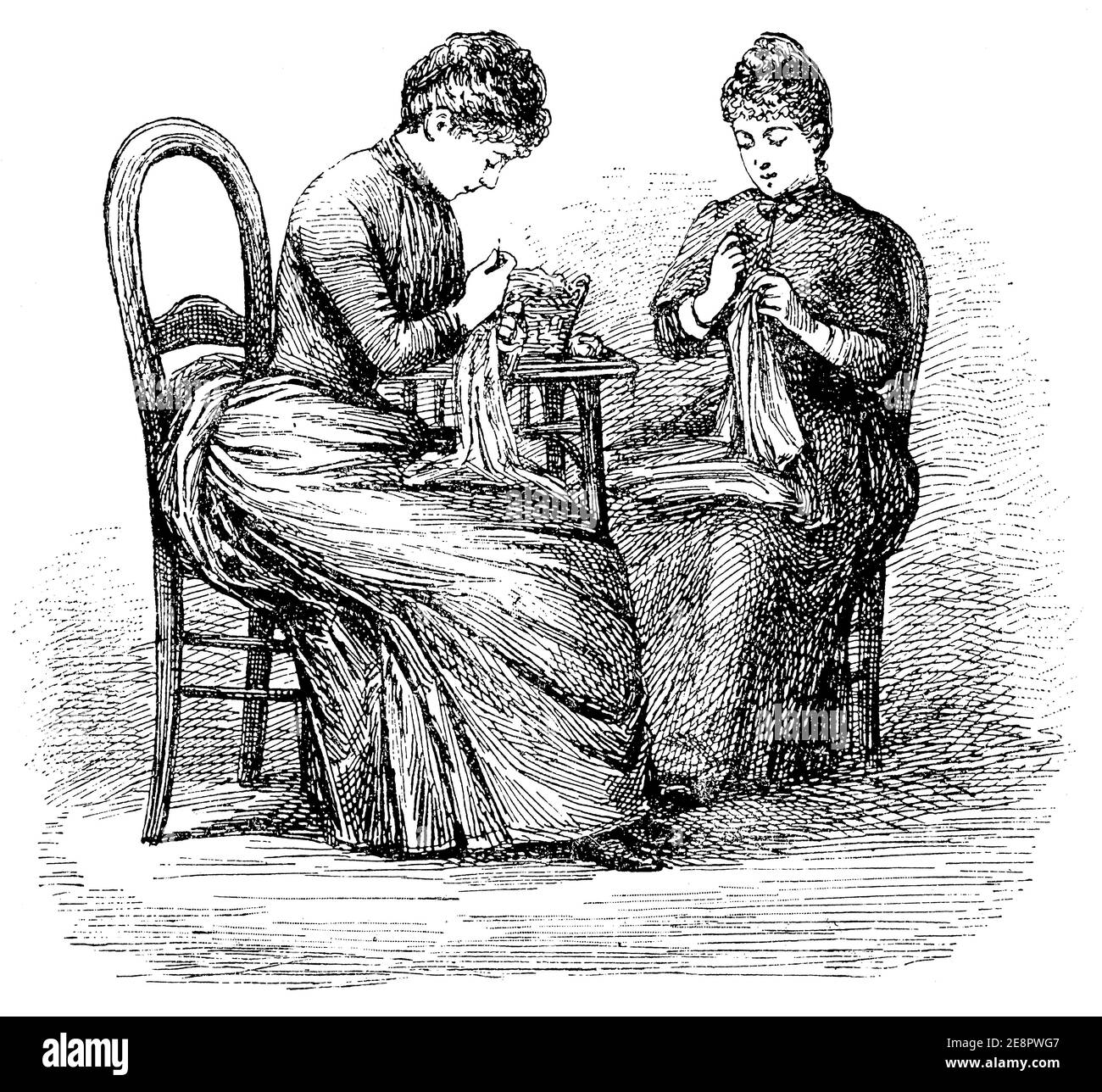 Come sedersi al lavoro. La donna sulla sinistra ha una cattiva postura quando lavora. Illustrazione del 19 ° secolo. Germania. Sfondo bianco. Foto Stock