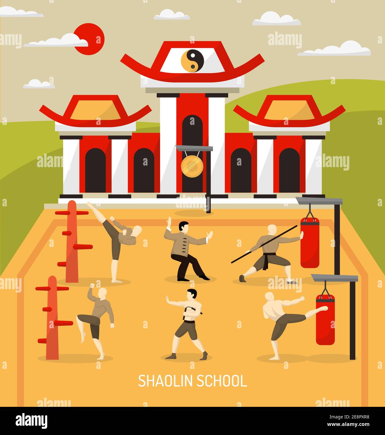 Cinese tempio arti marziali composizione con allenamento di combattenti a. scuola di abilità di combattimento all'aperto illustrazione vettoriale Illustrazione Vettoriale