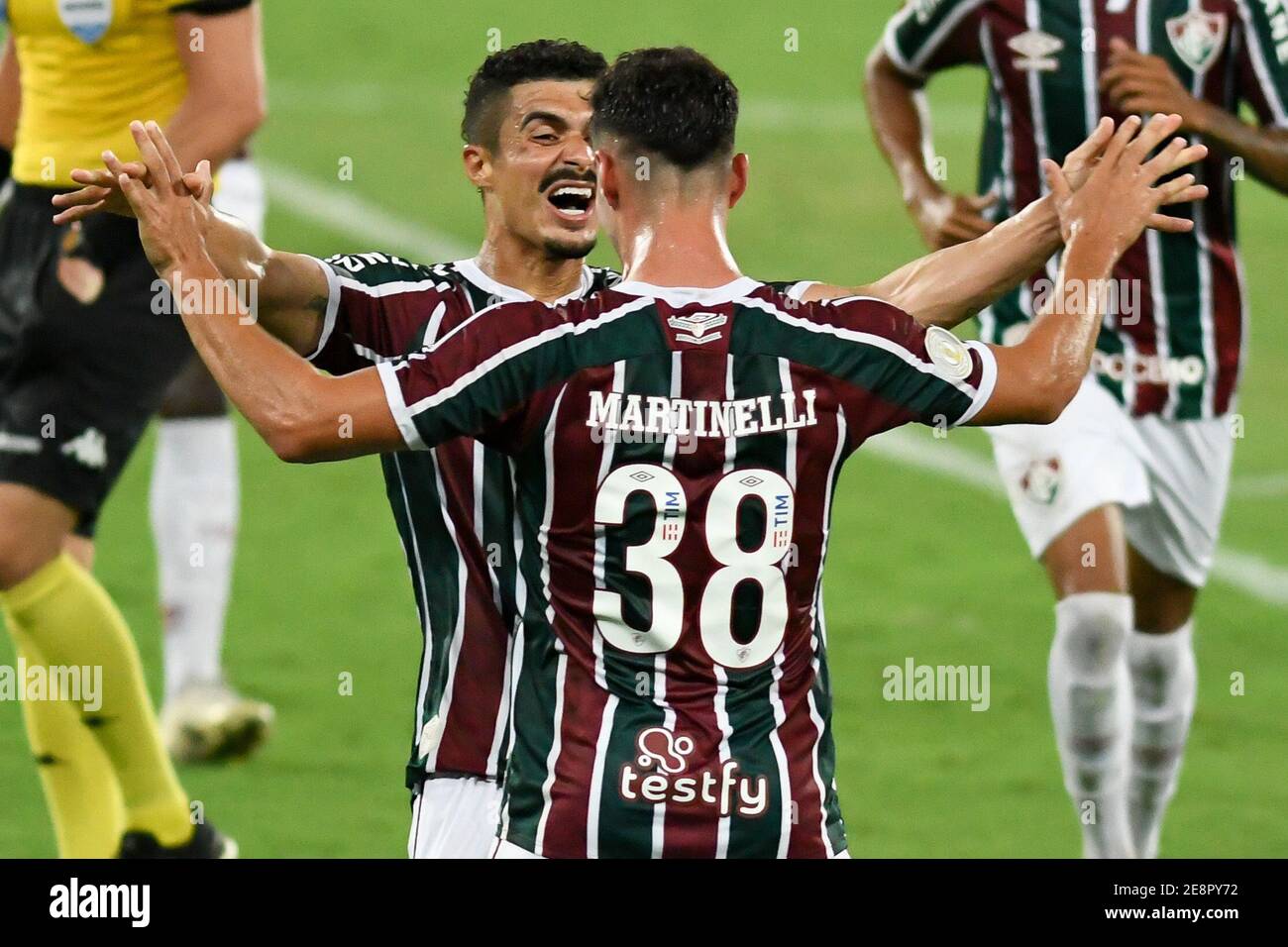 Rio de Janeiro, Brasile. 31 gennaio 2021. Martinelli celebra il suo secondo gol d'oro Fluminense X Goias tenutosi allo Stadio Nilton Santos per la 33a manche del Campionato brasiliano, a Rio de Janeiro, RJ, questa domenica notte (31) Credit: Celso Pupo/FotoArena/Alamy Live News Foto Stock