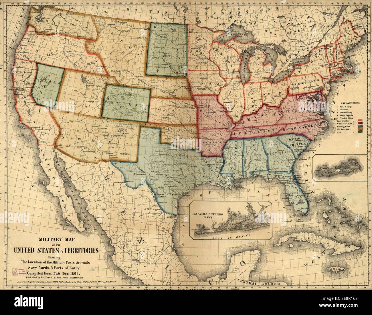 Mappa militare degli Stati Uniti e dei territori che mostra la posizione dei posti militari, degli arsenali, dei cantieri navali e dei porti di ingresso. Compilato da pub-doc-1861. Foto Stock