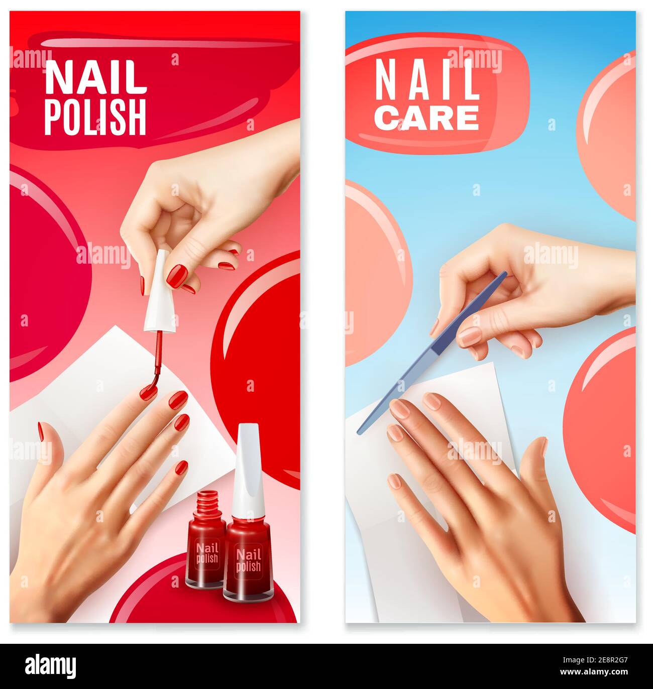 Limatura quotidiana per la cura delle unghie e smalto per manicure con vernice rossa due striscioni verticali impostano un'illustrazione vettoriale realistica Illustrazione Vettoriale