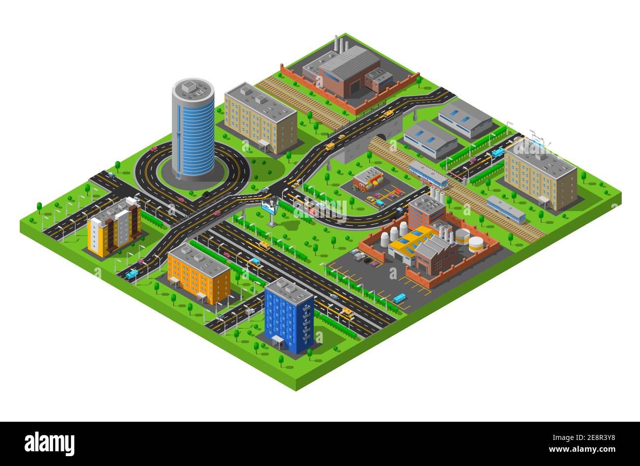 Elementi del distretto urbano industriale e residenziale composizione isometrica poster con strade e impianti di produzione illustrazione vettoriale astratta Illustrazione Vettoriale