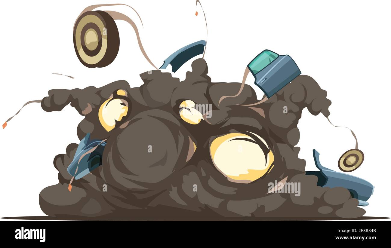 Momento di detonazione dell'esplosione della bom dell'auto a controllo remoto con detriti volanti al sito di blast cartoon retrò poster illustrazione vettoriale Illustrazione Vettoriale