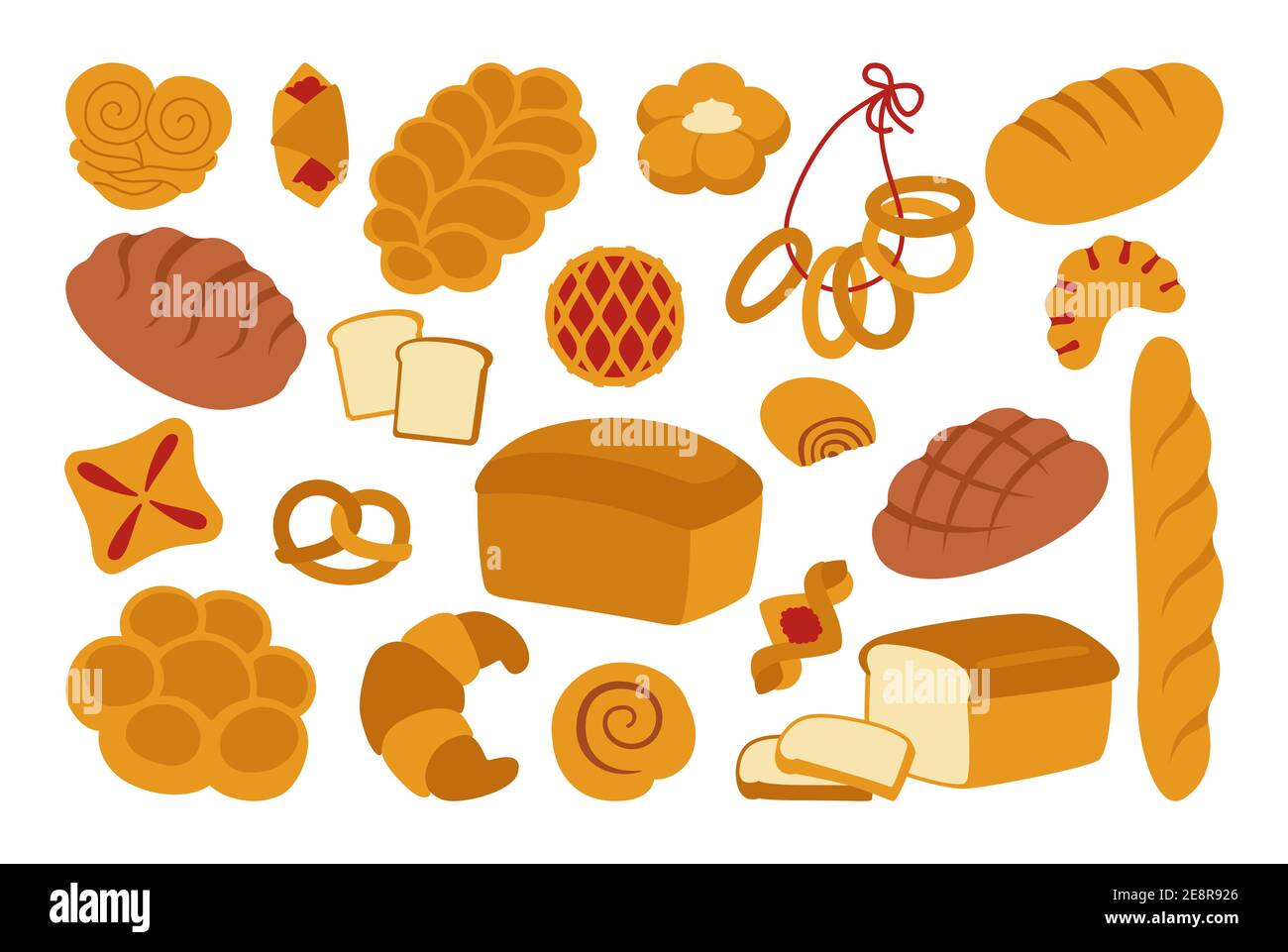 Set di icone per il piatto del pane. Pane semplice a grani interi e pane di frumento, pretzel, muffin, croissant, baguette francese. Prodotti da forno biologici, negozio di cibo, design menu pasticceria. Illustrazione vettoriale vintage Illustrazione Vettoriale