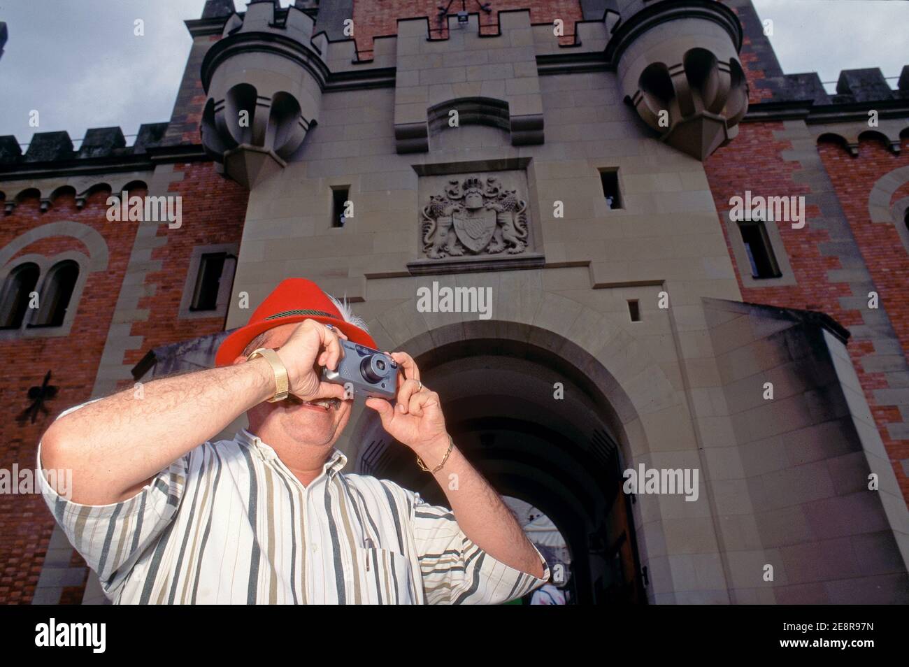 Germania, Baviera, Hohenschwangau, castello di Schloss Neuschwanstein, turista scattando foto con la macchina fotografica Foto Stock