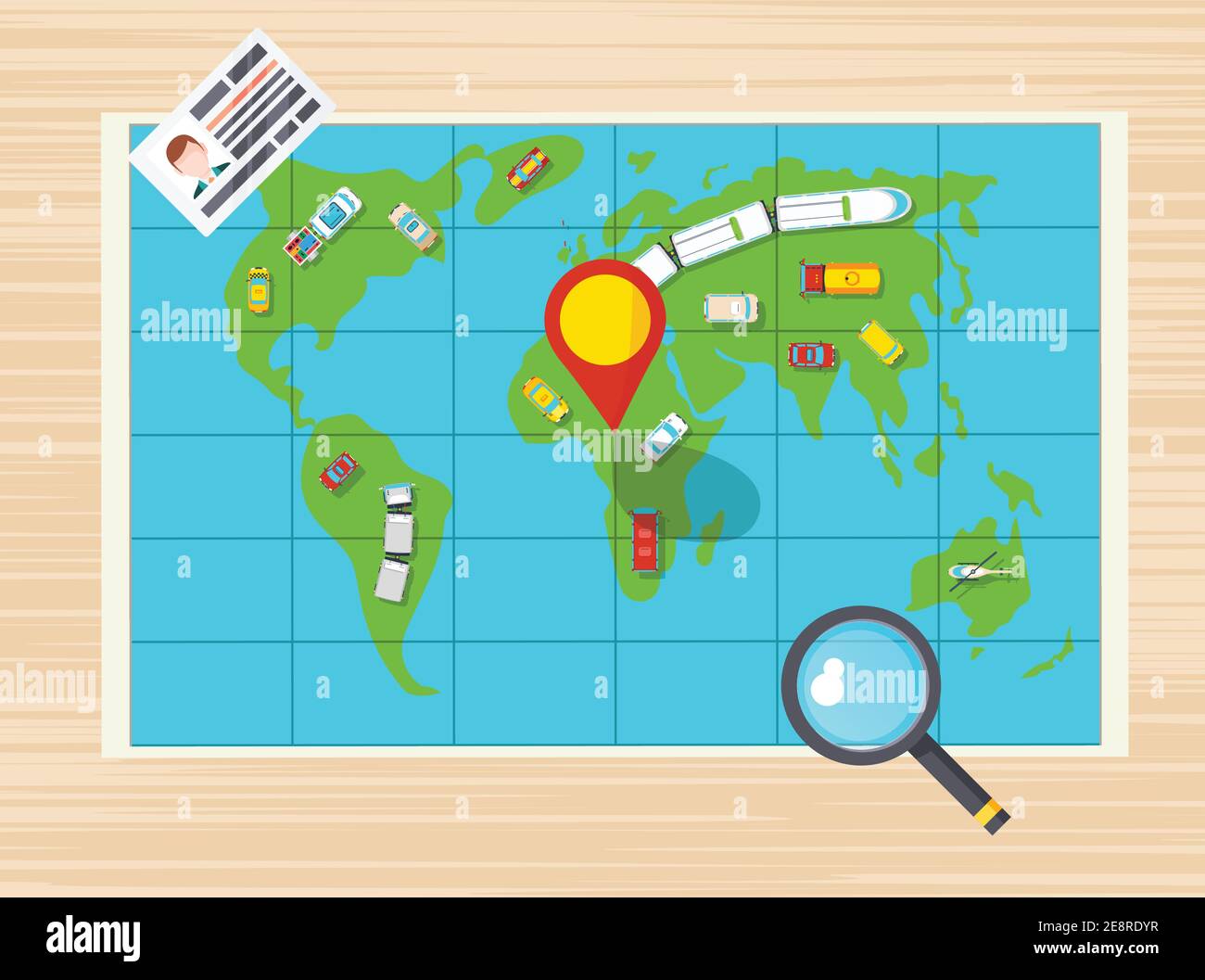 Lente di ingrandimento patente di guida e mappa globale con diversi trasporti su immagine vettoriale piatta del poster della vista dall'alto Illustrazione Vettoriale