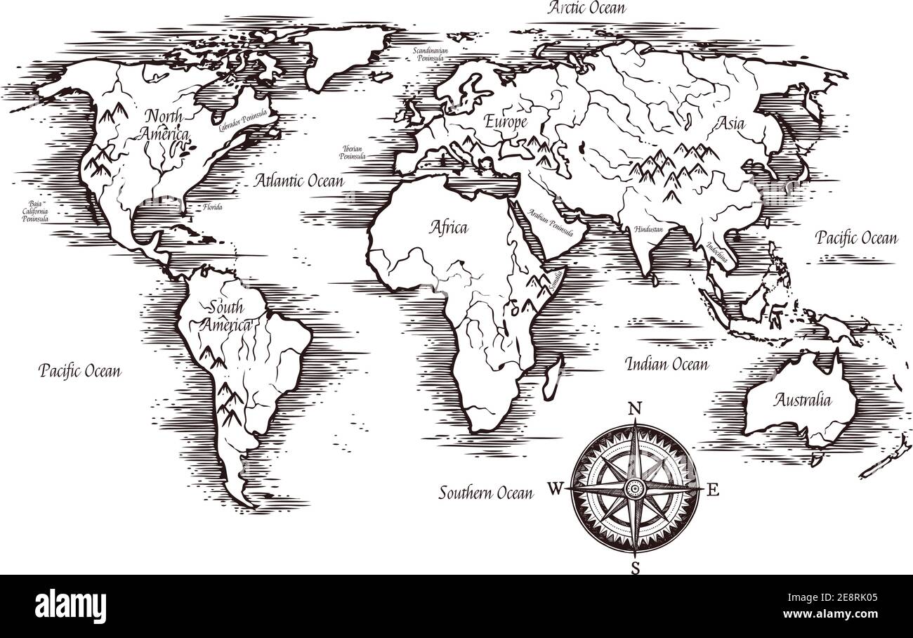 Modello di mappa mondiale di schizzo in bianco e nero con titoli di continenti e oceani illustrazione vettoriale Illustrazione Vettoriale