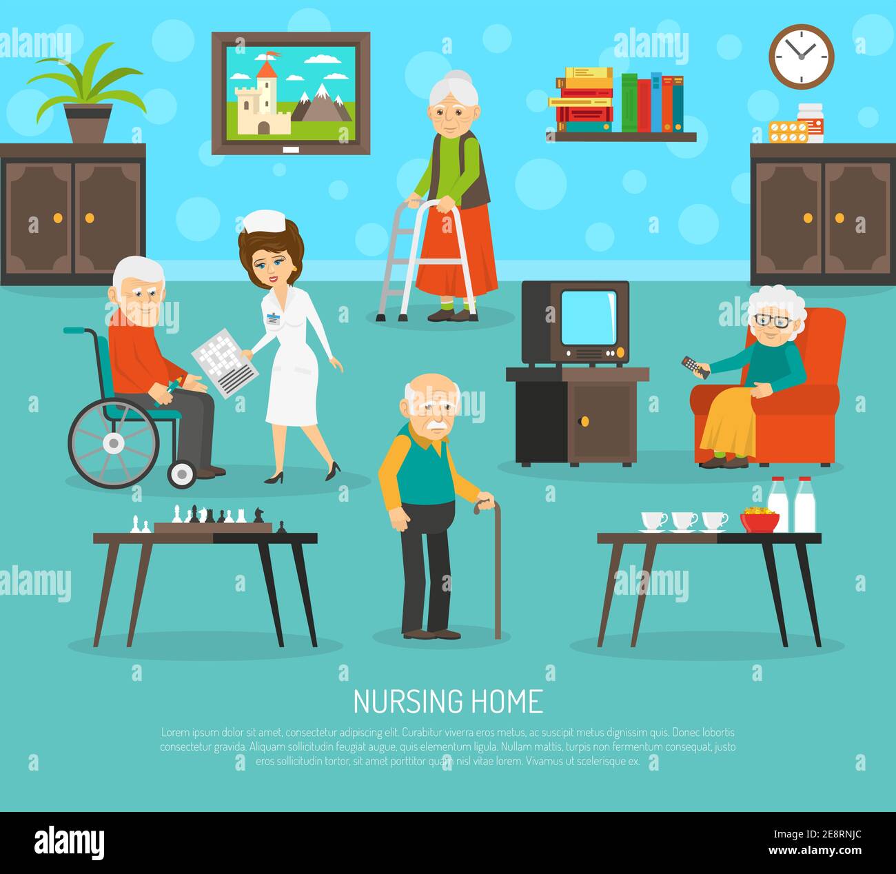 Poster piatto infermieristico di gerontologia con personale assistente esperto in aiuto illustrazione vettoriale astratta del manifesto della casa della gente anziano Illustrazione Vettoriale