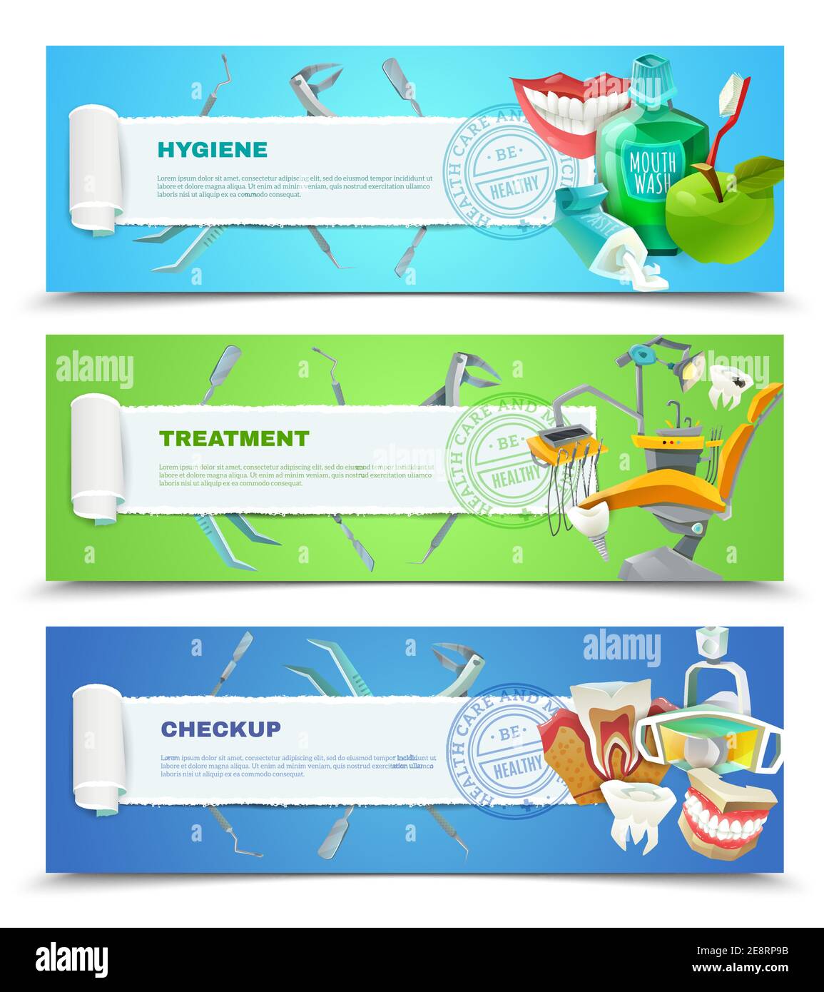 Igiene orale dentista controllo regolare e i denti decadono impedendo il trattamento 3 banner piatto set illustrazione vettoriale astratta Illustrazione Vettoriale