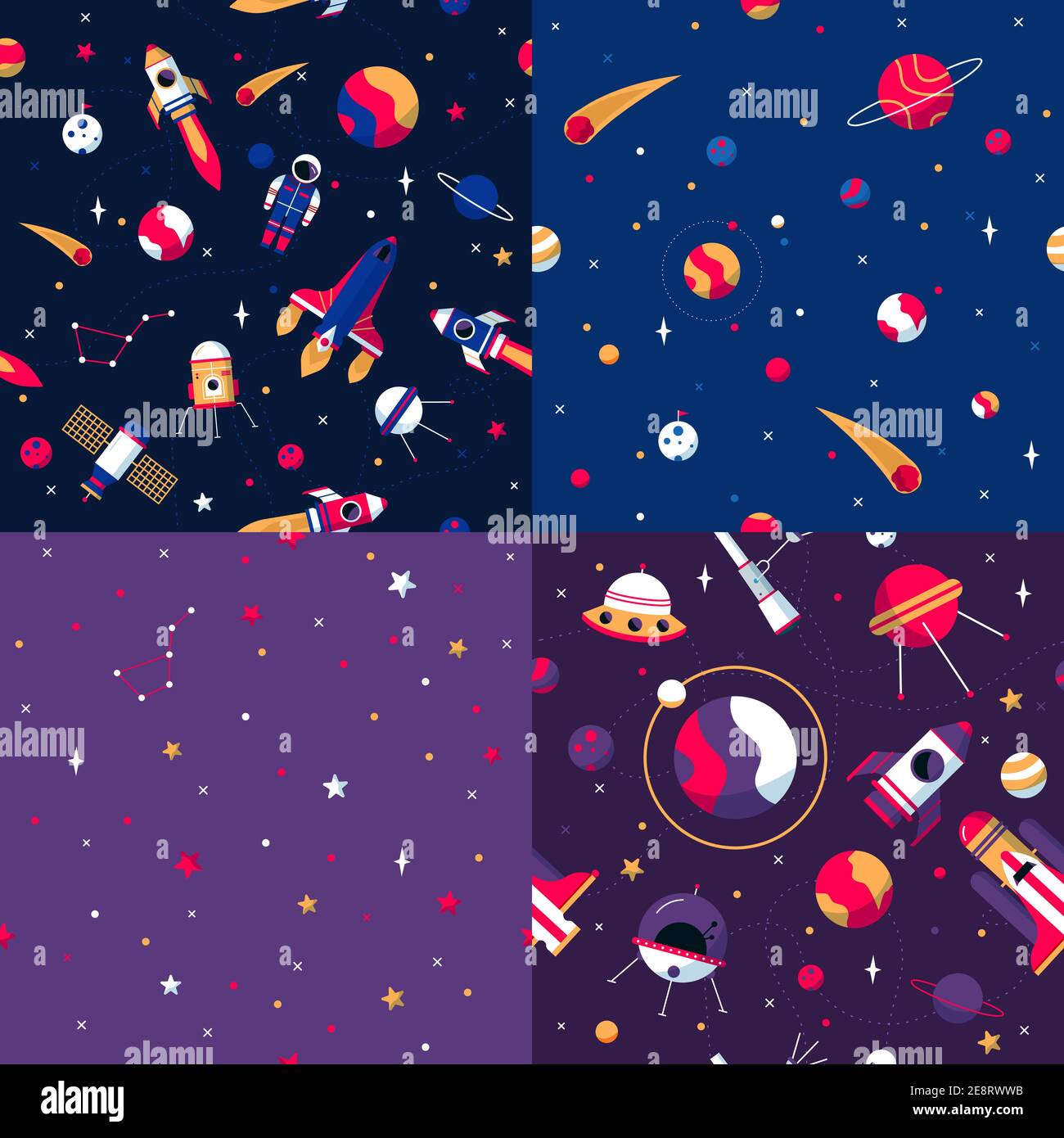 I motivi senza giunture spaziali campionano 4 icone piatte composizione quadrata con variopinti veicoli spaziali e pianeti illustrazione vettoriale astratta Illustrazione Vettoriale