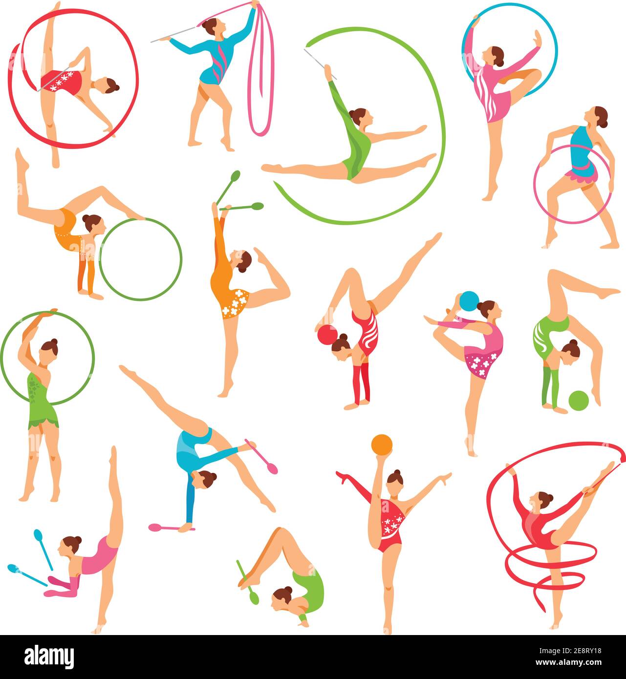 Set di figure girl di colore che eseguono esercizi ginnici con il mace hoop e nastri su sfondo bianco immagine vettoriale isolata Illustrazione Vettoriale