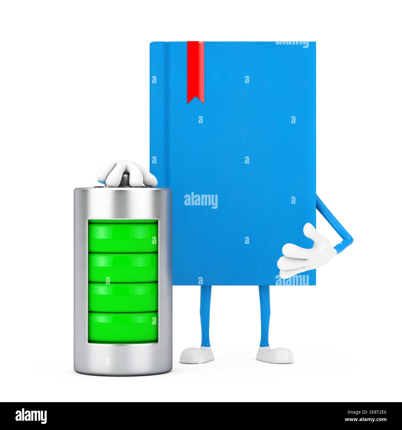 Mascotte personaggio Blue Book con batteria di ricarica Abstract su sfondo bianco. Rendering 3d Foto Stock