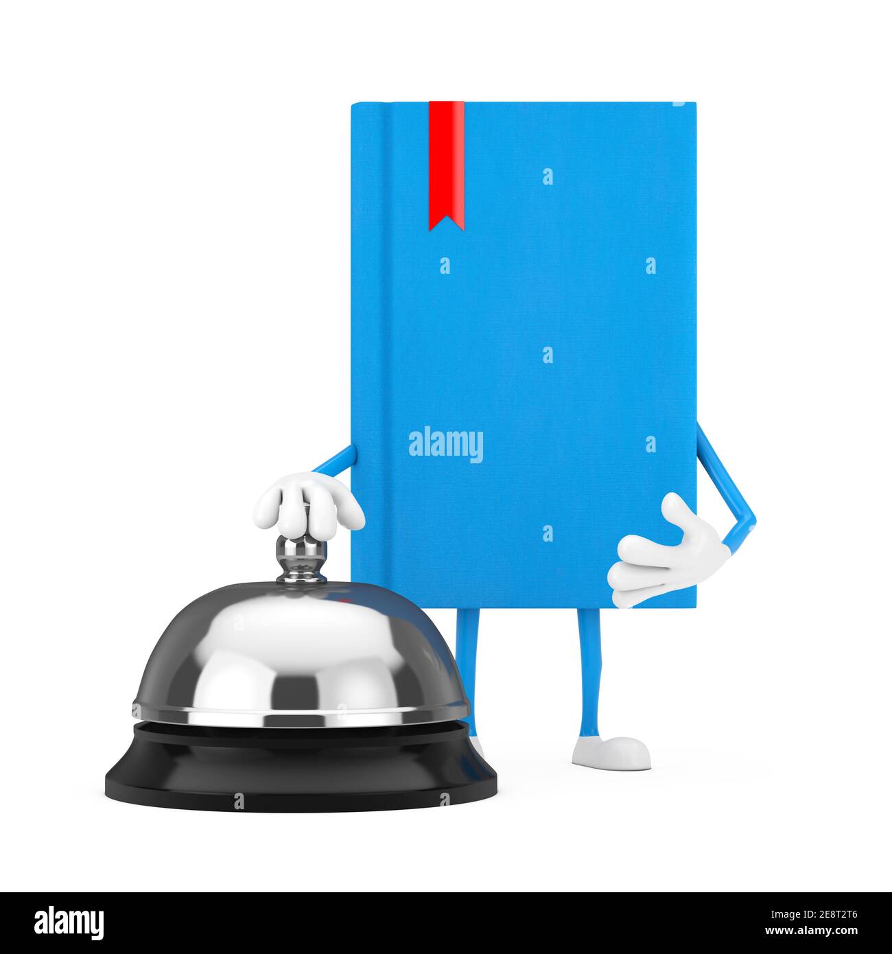 Blue Book Character Mascot con Servizio Hotel Bell Call su sfondo bianco. Rendering 3d Foto Stock