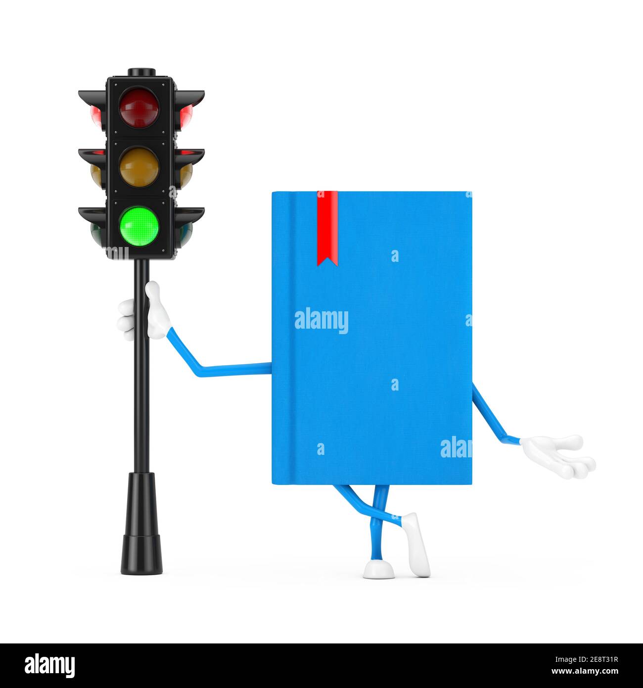 Mascotte di carattere del libro blu con luce verde di traffico su uno sfondo bianco. Rendering 3d Foto Stock