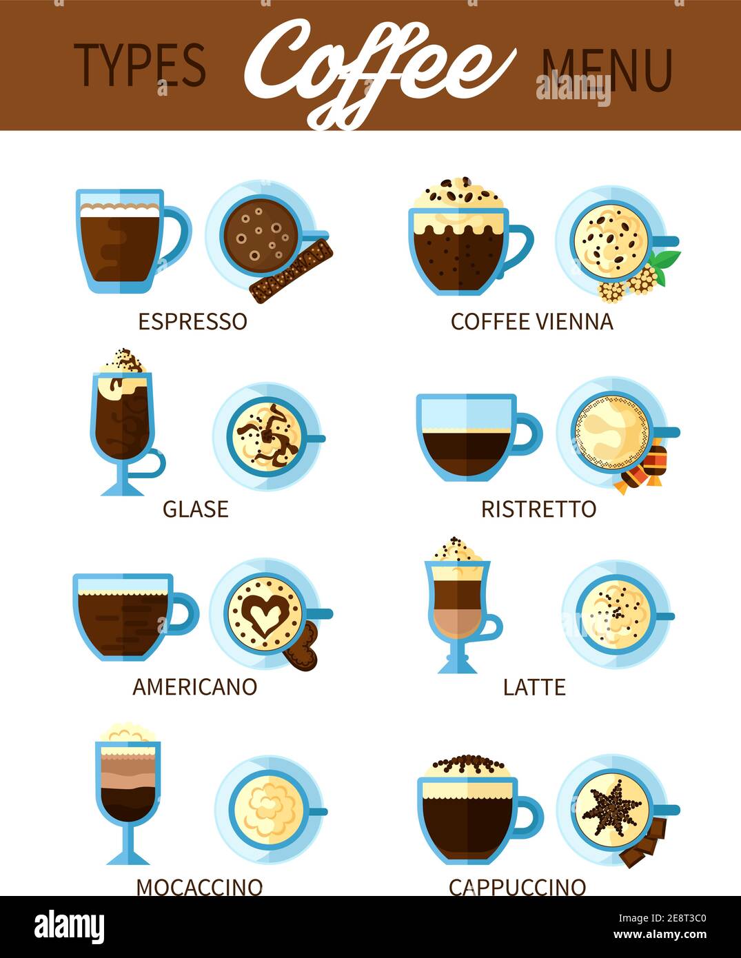 Set di diversi tipi di bevande da caffè per la caffetteria o. menu bar con  cappuccino espresso americano ristreto latte flat vettoriale illustrazione  Immagine e Vettoriale - Alamy