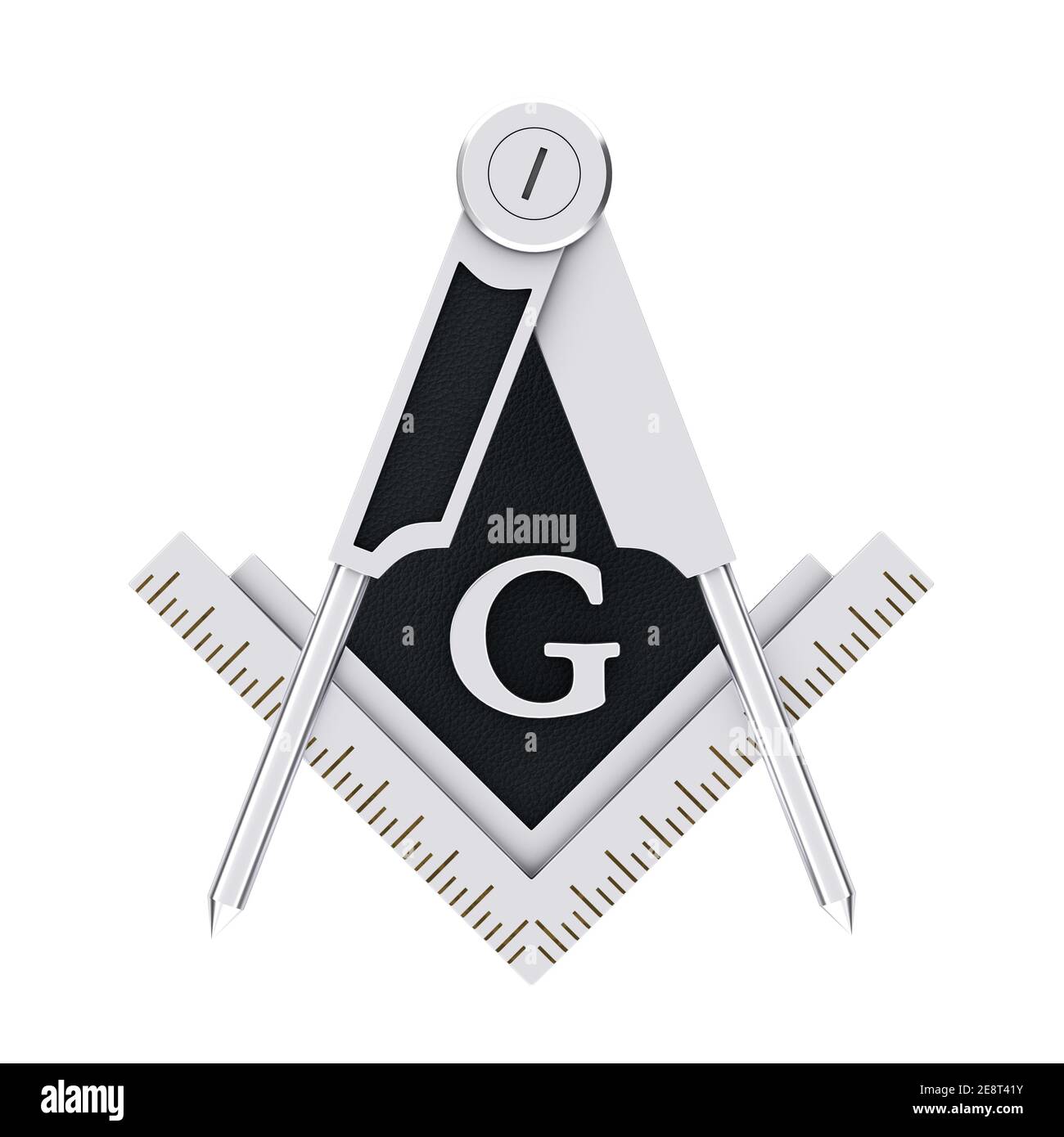 Masonic Freemasonry Silver Square e Bussola con simbolo di simbolo di simbolo di lettera G su sfondo bianco. Rendering 3d Foto Stock