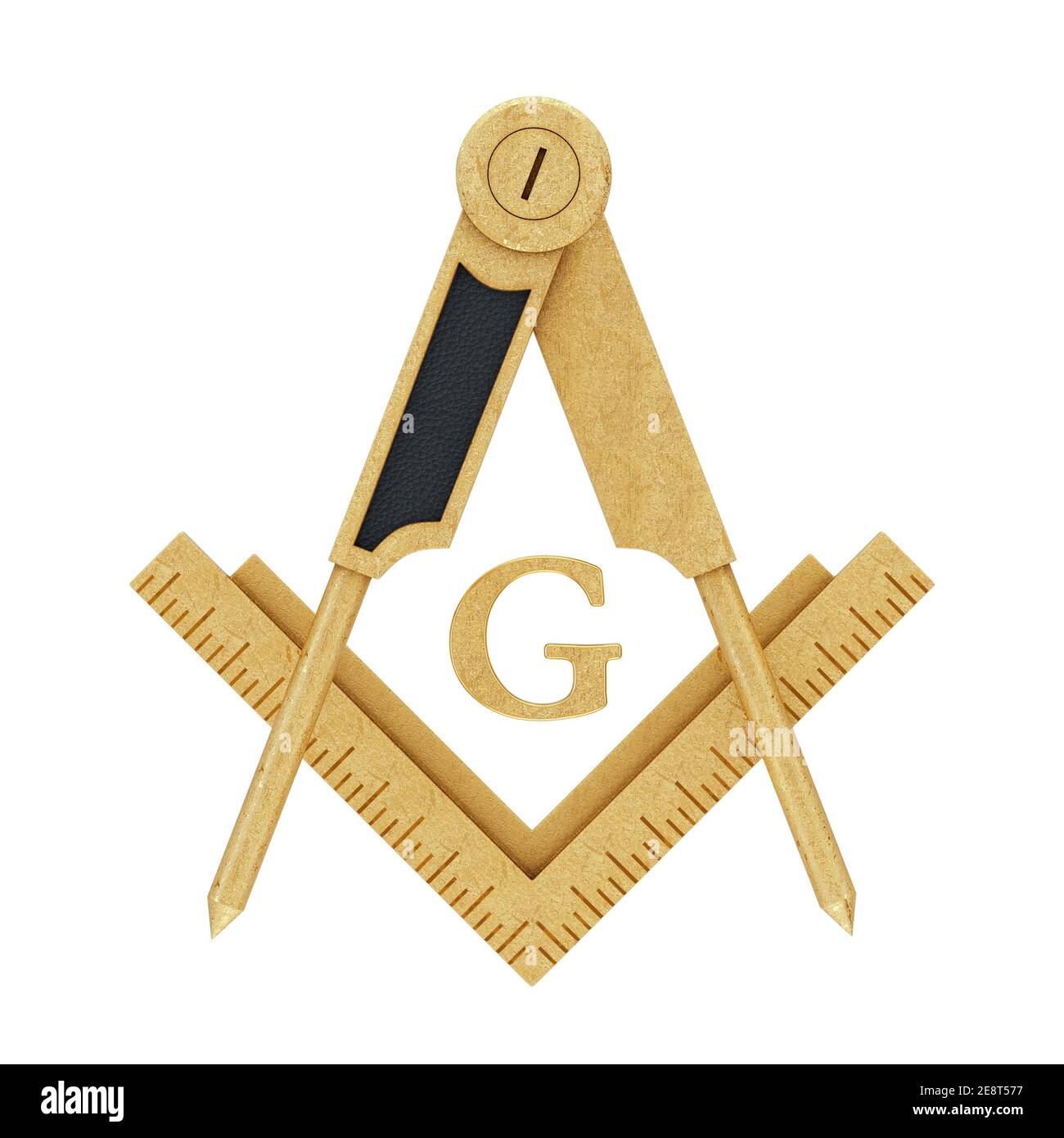 Masonic Freemasonry Piazza d'oro e Bussola con simbolo di simbolo G Letter Emblem su sfondo bianco. Rendering 3d Foto Stock