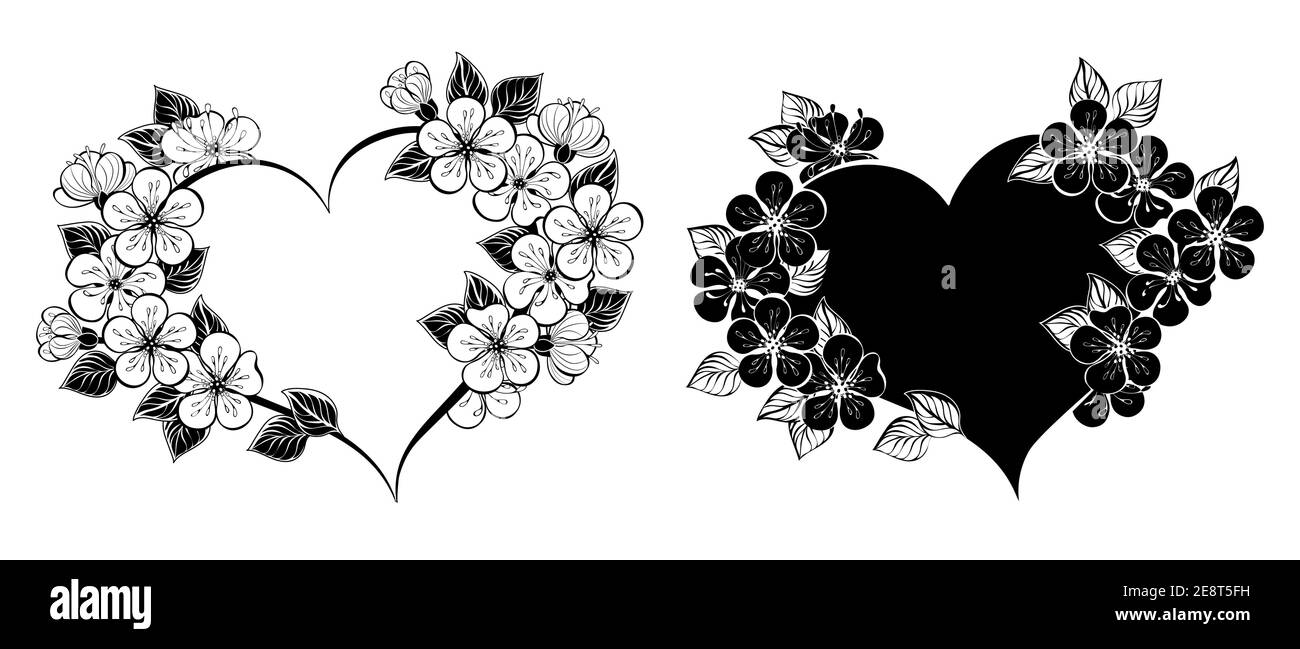 Cornice cardiaca decorata con contorni, fiori di sakura disegnati artisticamente su sfondo bianco. Colorazione. Ciliegia giapponese in fiore. Illustrazione Vettoriale