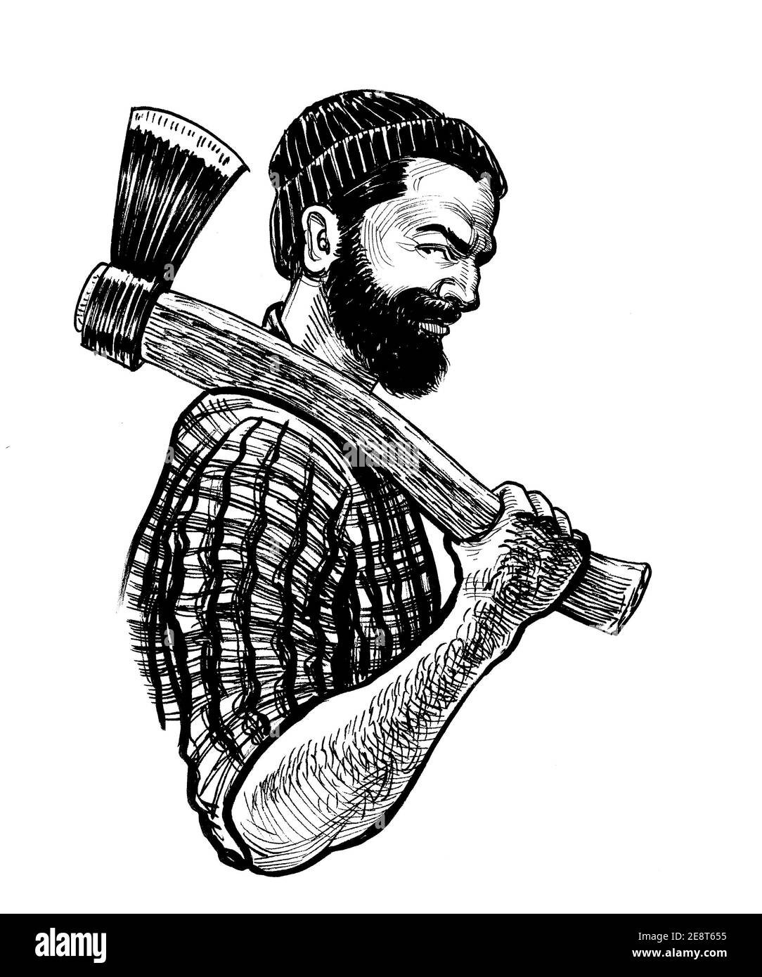 Jack di lumberjack canadese con un'ascia. Disegno in bianco e nero con inchiostro Foto Stock