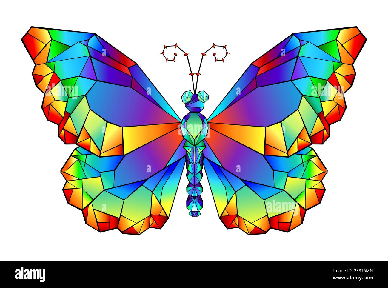 Farfalla poligonale dipinta con vibranti colori arcobaleno su sfondo bianco. Origami arcobaleno. Illustrazione Vettoriale