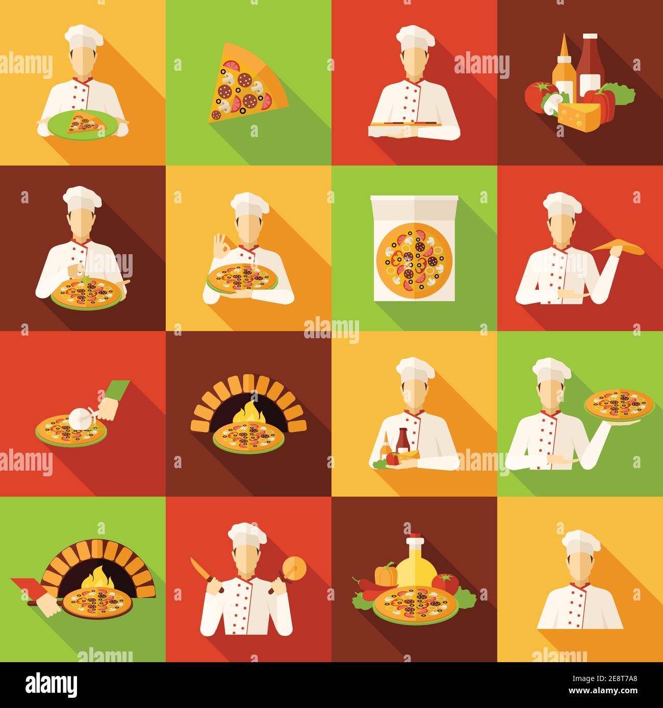 Pizza maker cibo e cucina su sfondo a colori lunghe ombre le icone piatte impostano l'illustrazione vettoriale isolata Illustrazione Vettoriale