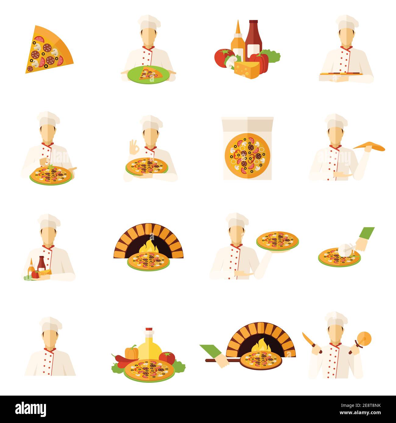 Pizzeria cibo e cucina icone piatti insieme vettore isolato illustrazione Illustrazione Vettoriale