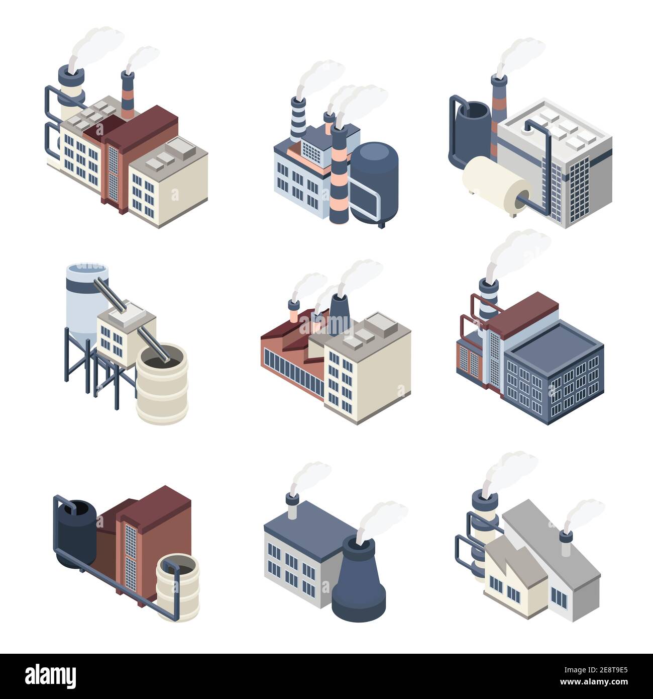 Bulldings industriali icone isometriche insieme con impianti e fabbriche 3d illustrazione vettoriale isolata Illustrazione Vettoriale