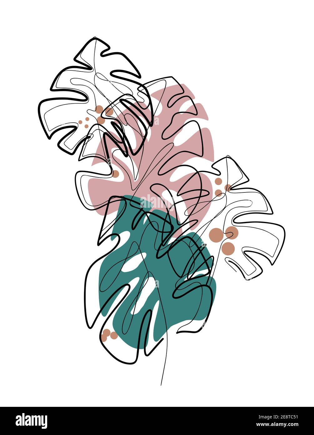 Composizione da foglie monoline di monstera con punto e punto di colore. Contorno fogliame tropicale. Contorno cespuglio trendy con cerchio di colore. Delicate illust Illustrazione Vettoriale