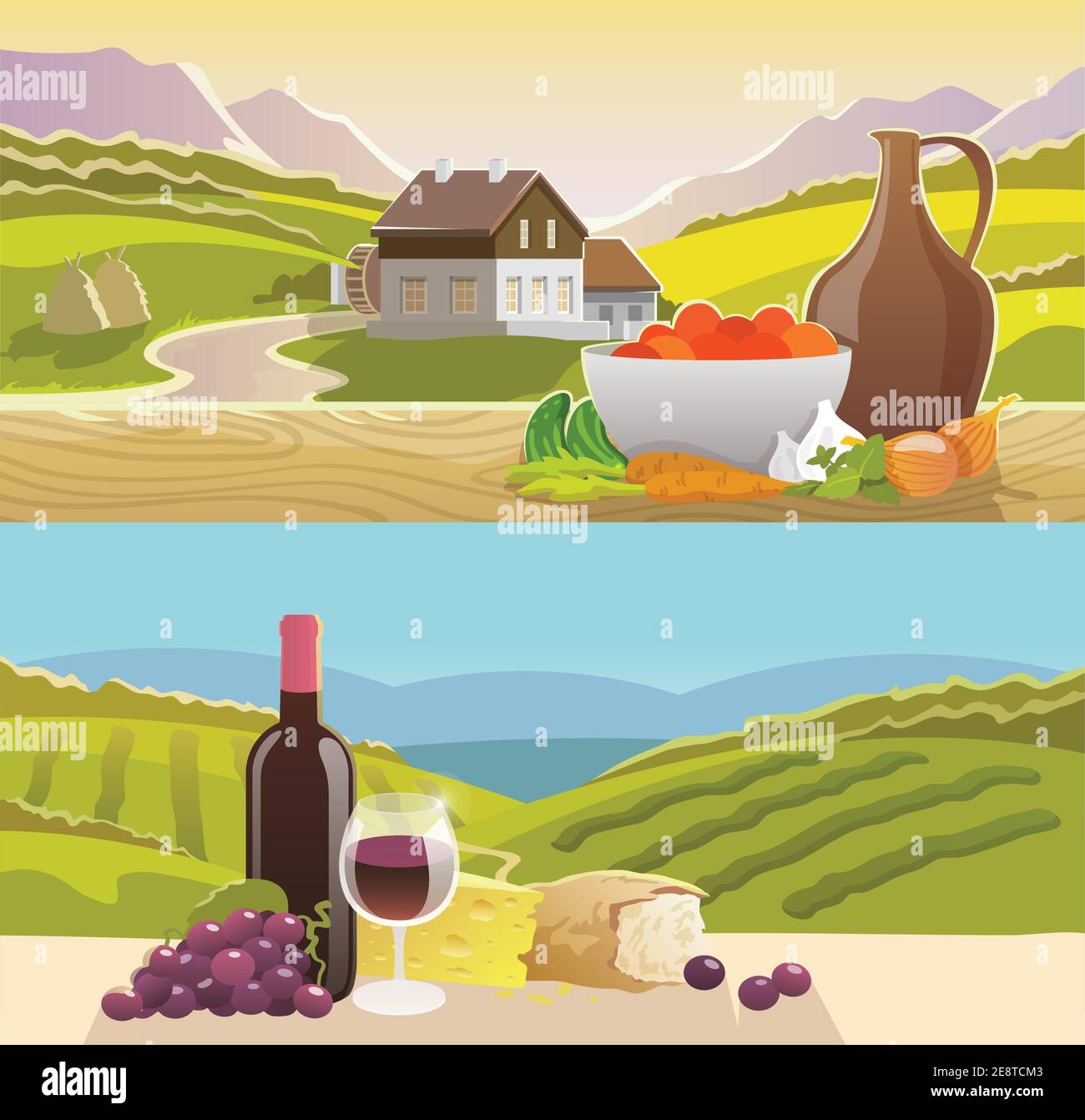 Paesaggio montano banner orizzontale con vino e verdure ancora illustrazione vettoriale isolata con elementi life flat Illustrazione Vettoriale