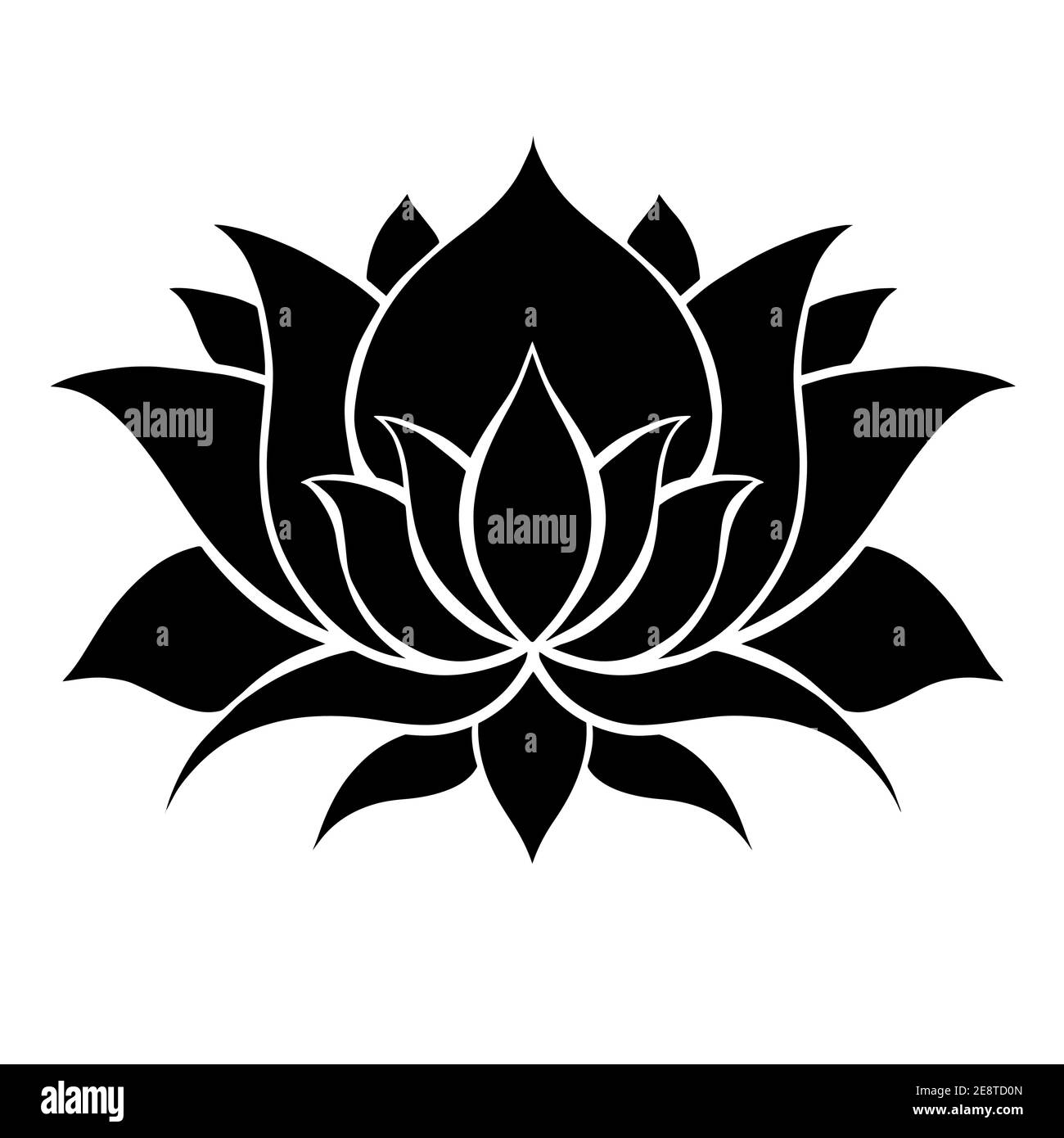 Silhouette nera di lotus. Delicato fiore d'acqua. Simbolo naturale sacro per spa e yoga. Contorno vettoriale logo floreale e icona giglio per siti web e mo Illustrazione Vettoriale