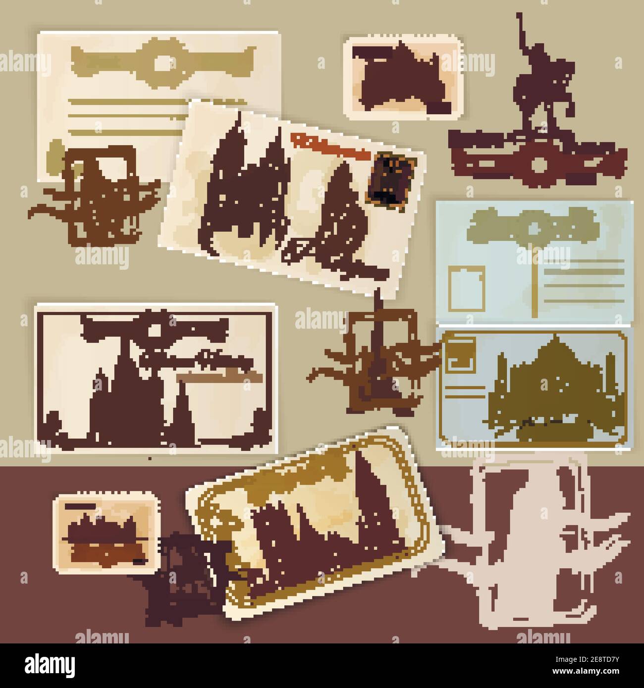 Set di modelli di cartoline d'epoca con punti di riferimento e timbri disegnati a mano illustrazione vettoriale Illustrazione Vettoriale