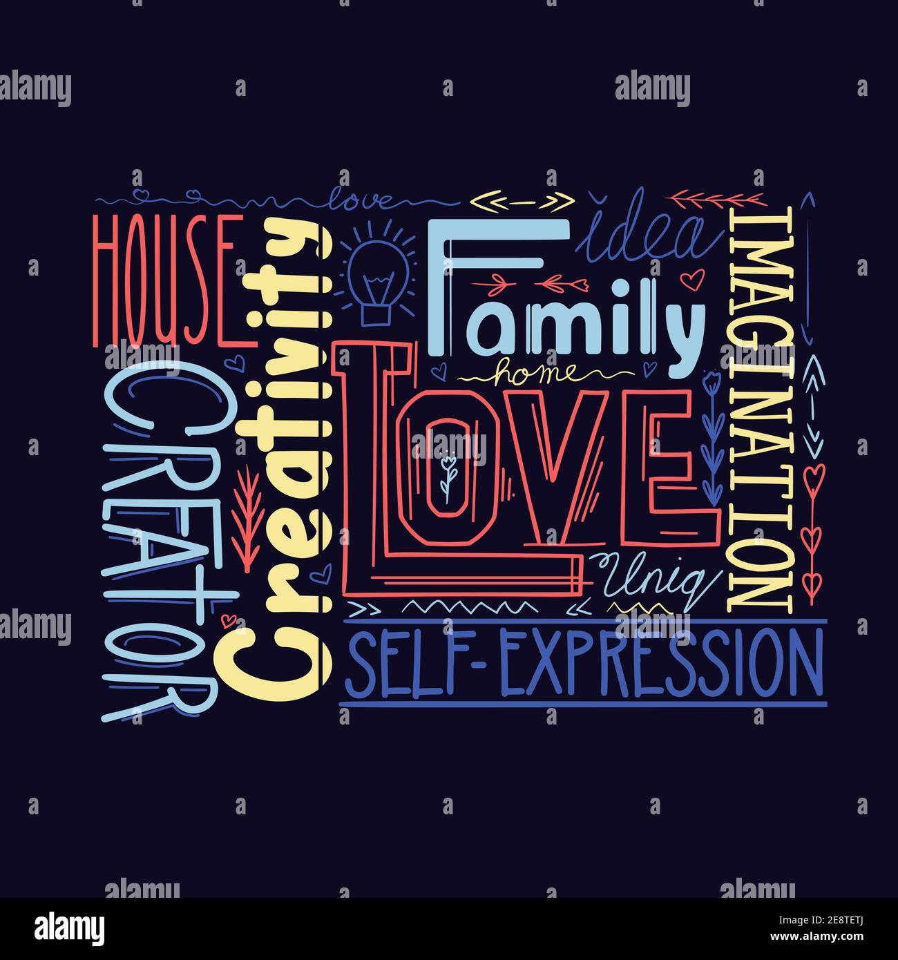 Caratteri composizione di parole diverse su sfondo scuro. Valori della vita umana. Famiglia, amore e ispirazione. Creatività e immaginazione. Multicolore Illustrazione Vettoriale