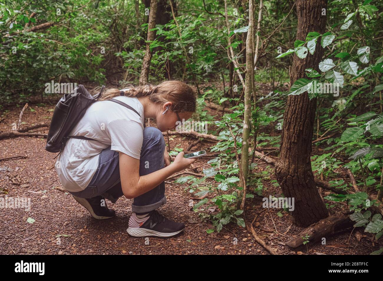 Ragazza adolescente che scatta fotografie con il suo telefono cellulare in foresta. Foto Stock