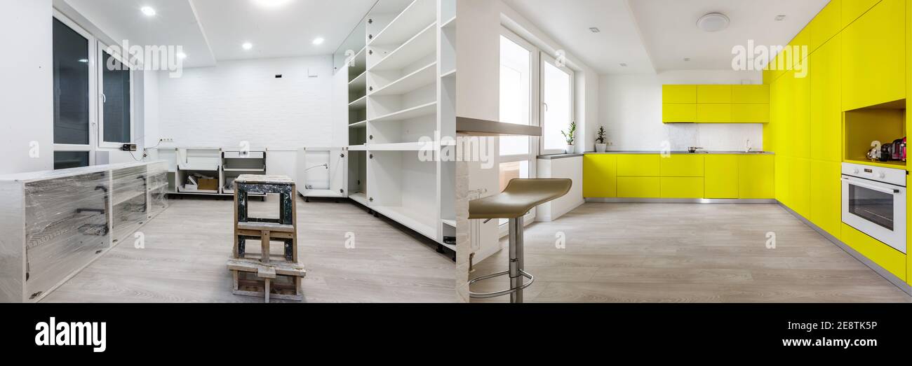 Nuova cucina prima e dopo il rinnovo - cucina bianca Foto Stock