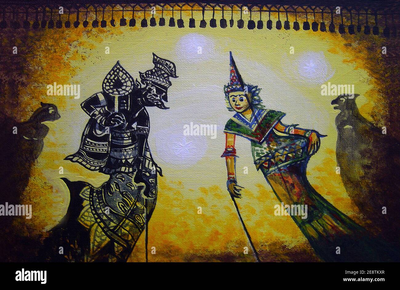 Arte, pittura, olio, colore, pattern thailandese, sud, regione, terra thailandese, luce e ombra, Puppets, Nang Talung Foto Stock