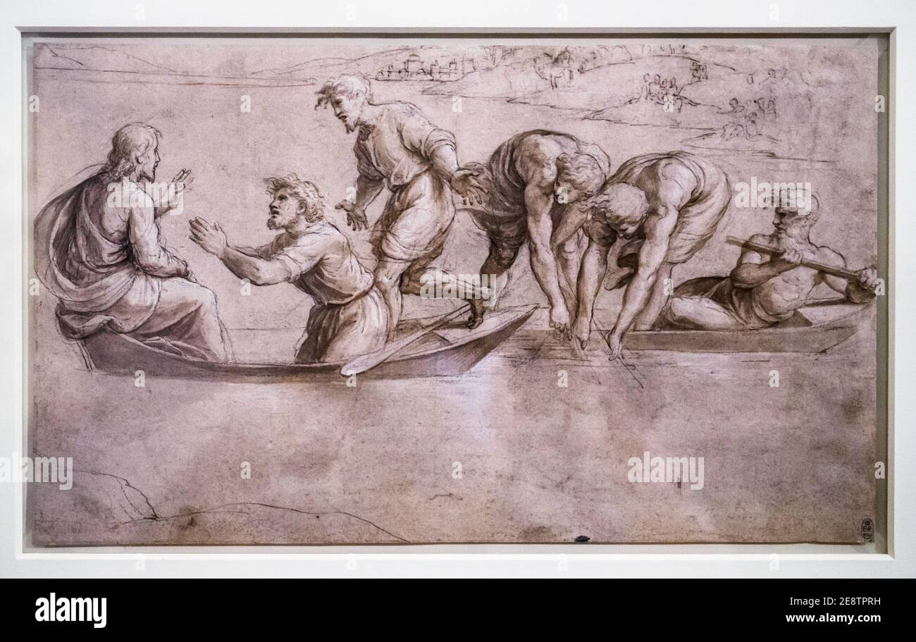 Pesca Miracolosa di Raffaello Sanzio conosciuto come Raffaello (1483-1520) circa 1515 inchiostro penna e marrone su gesso balcato, pennello e inchiostro marrone, gesso rosso Foto Stock