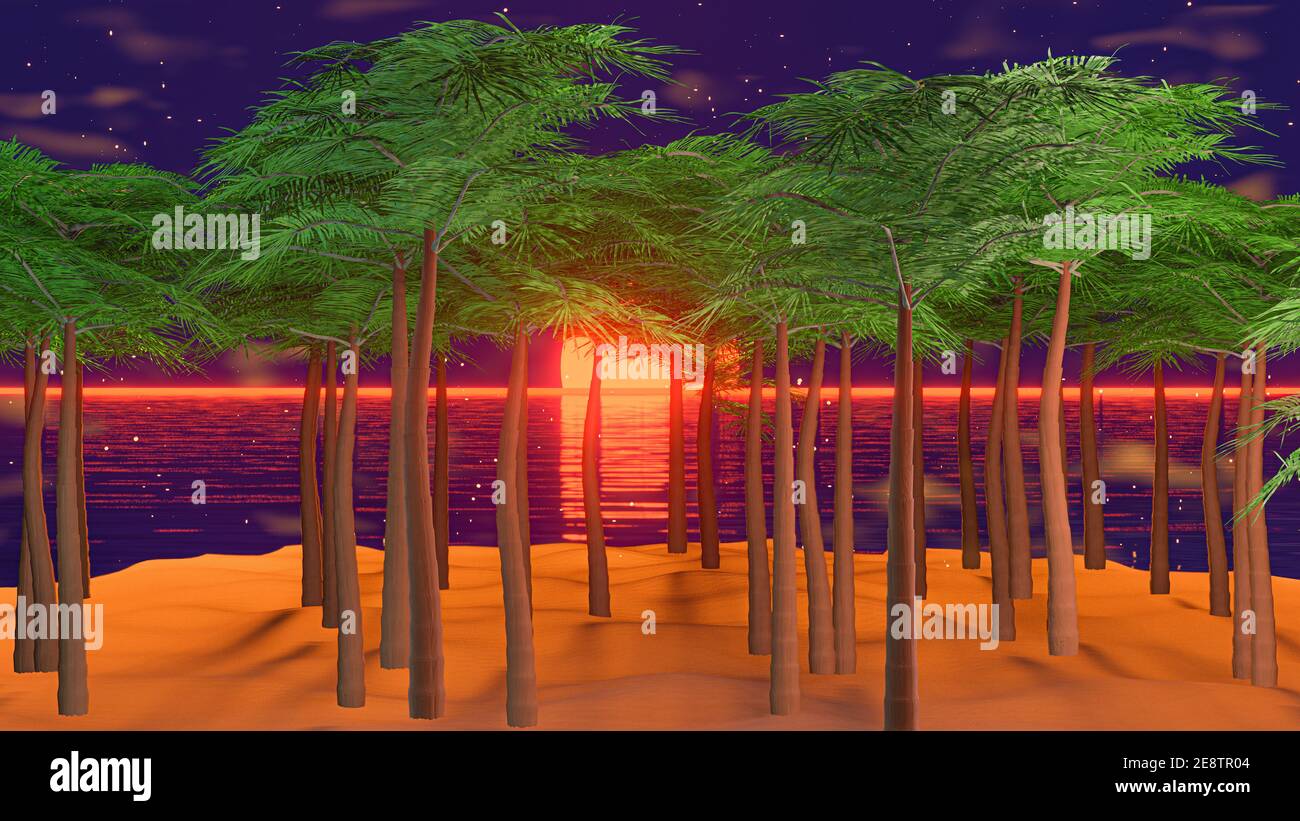 Surreale alba arancione su un'isola tropicale con palme. rendering 3d. Foto Stock