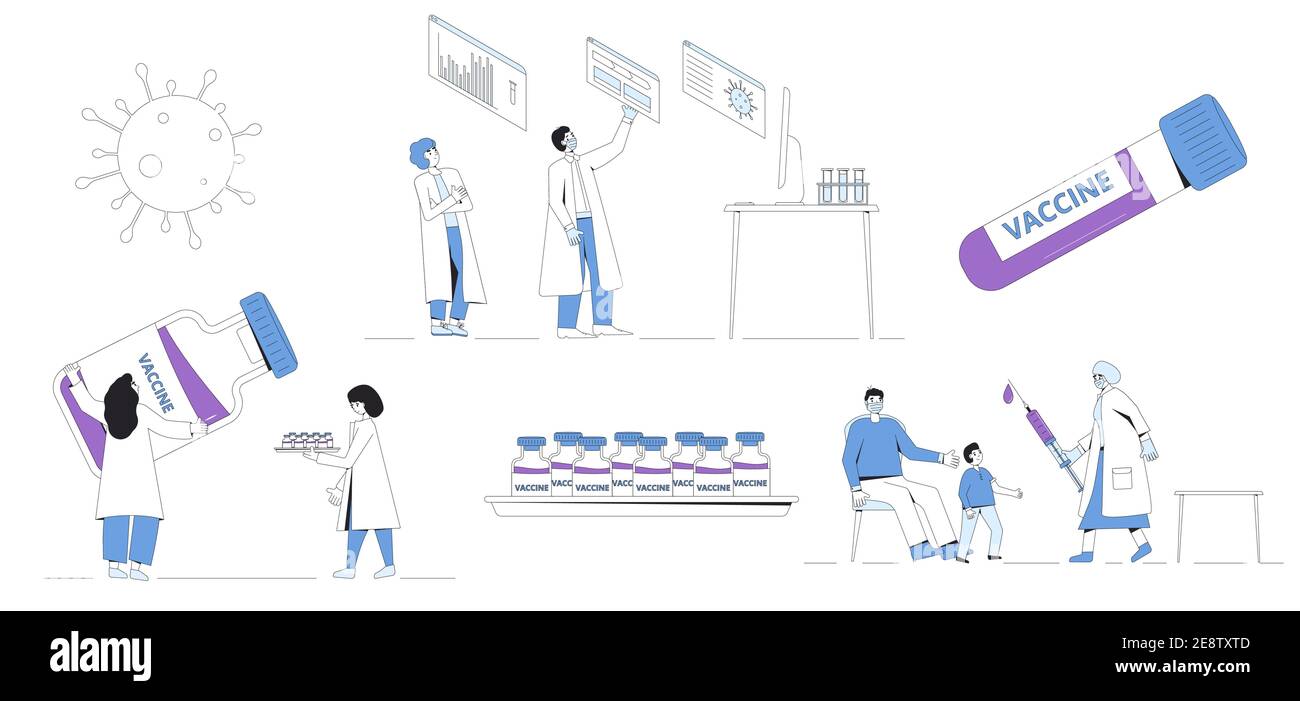 Set per la vaccinazione e il trattamento del coronavirus. Medici, scienziati, pazienti e simboli medici isolati su sfondo bianco. Corona virus research compl Illustrazione Vettoriale