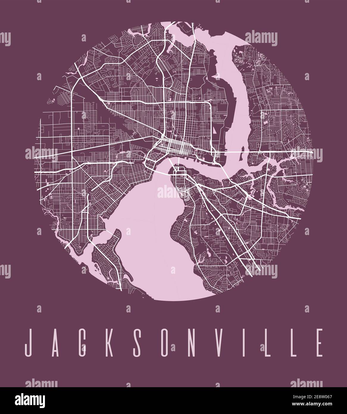 Poster della mappa di Jacksonville. Mappa stradale di Jacksonville dal design decorativo. Paesaggio urbano aria panorama silhouette vista aerea, stile tipografico. Terra, ri Illustrazione Vettoriale