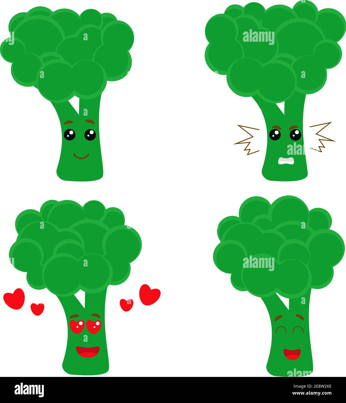 Set di graziosi personaggi broccoli. Caratteri vettoriali con emozioni diverse. Oggetti modificabili. Illustrazione Vettoriale