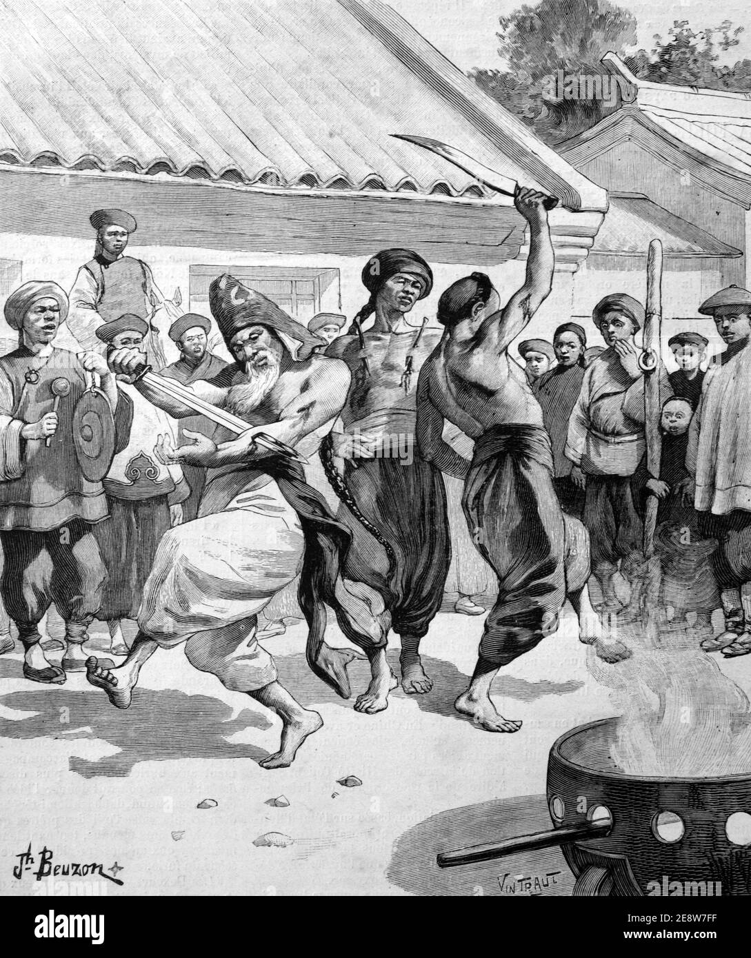 I fanatici o i Penitenti del Boxer si manifestano durante la ribellione del Boxer, la rivolta del Boxer o il movimento Yihetuan (1899-1901) China 1901 Vintage Illustration or Engraving Foto Stock