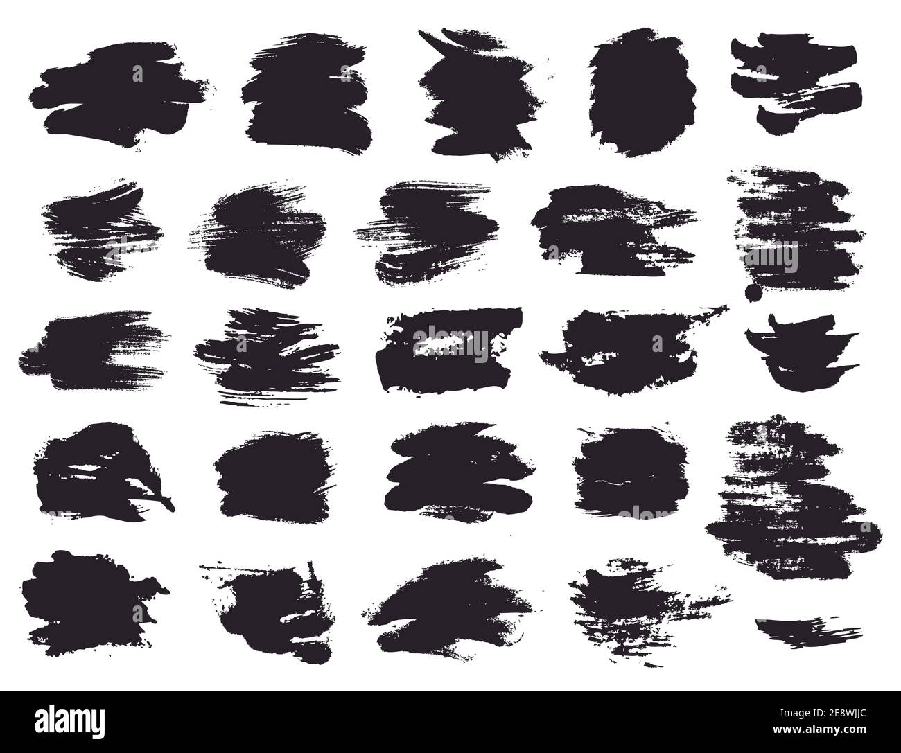 Pennellate e macchie astratte di grunge isolate su sfondo bianco. Elementi di disegno vettoriali neri per texture pennello, maschera di ritaglio, ecc. Illustrazione Vettoriale