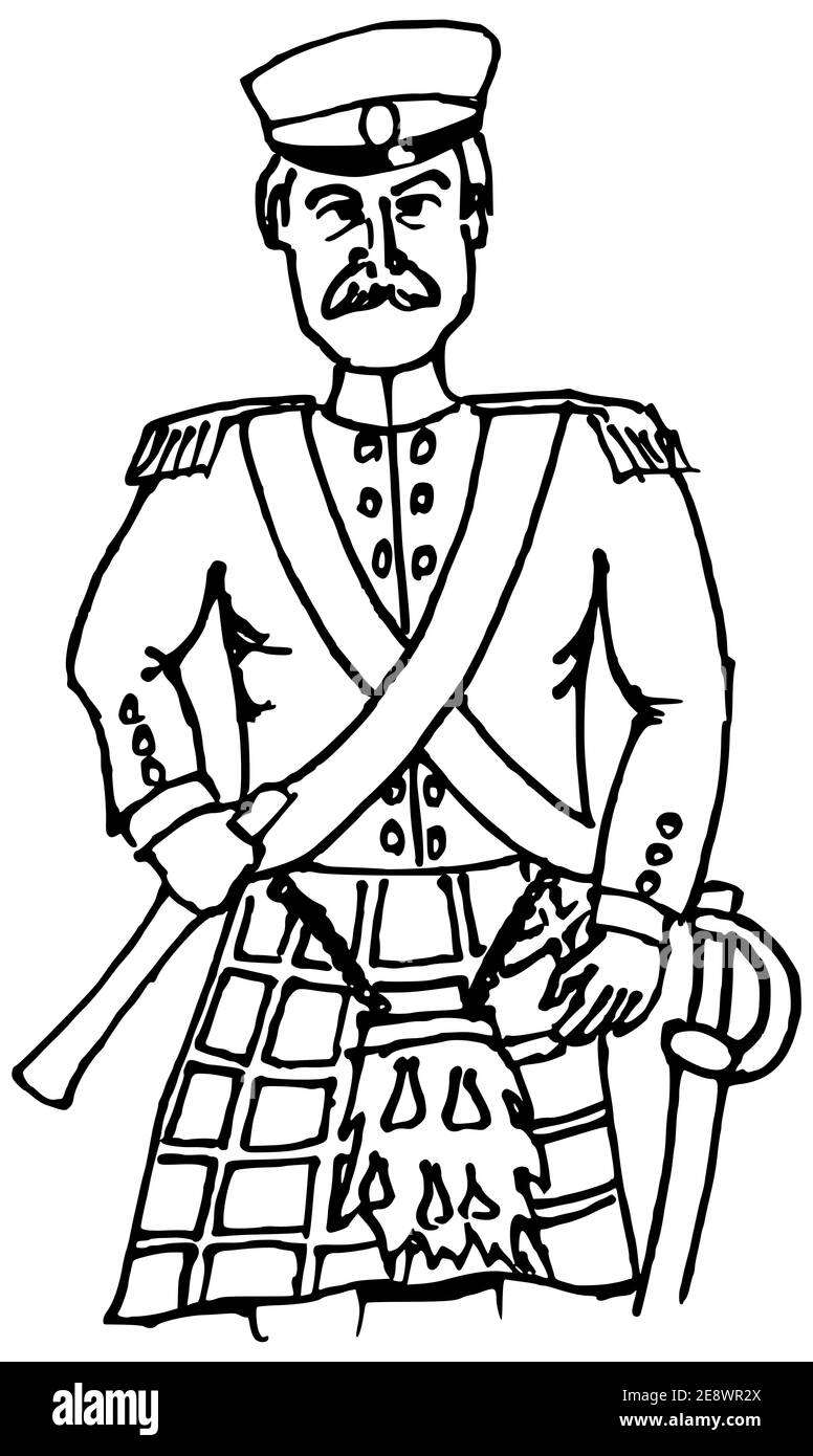 Disegno dell'ufficiale di artileria scozzese dal 19 ° secolo in bianco e nero Foto Stock