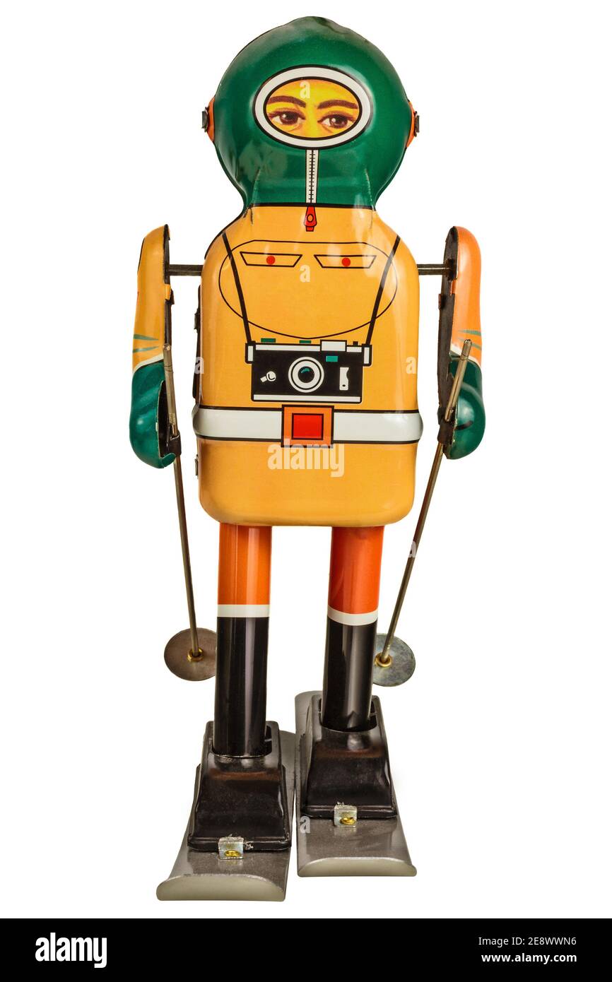 Retro Tin wind up robot sciatore isolato su un bianco sfondo Foto Stock