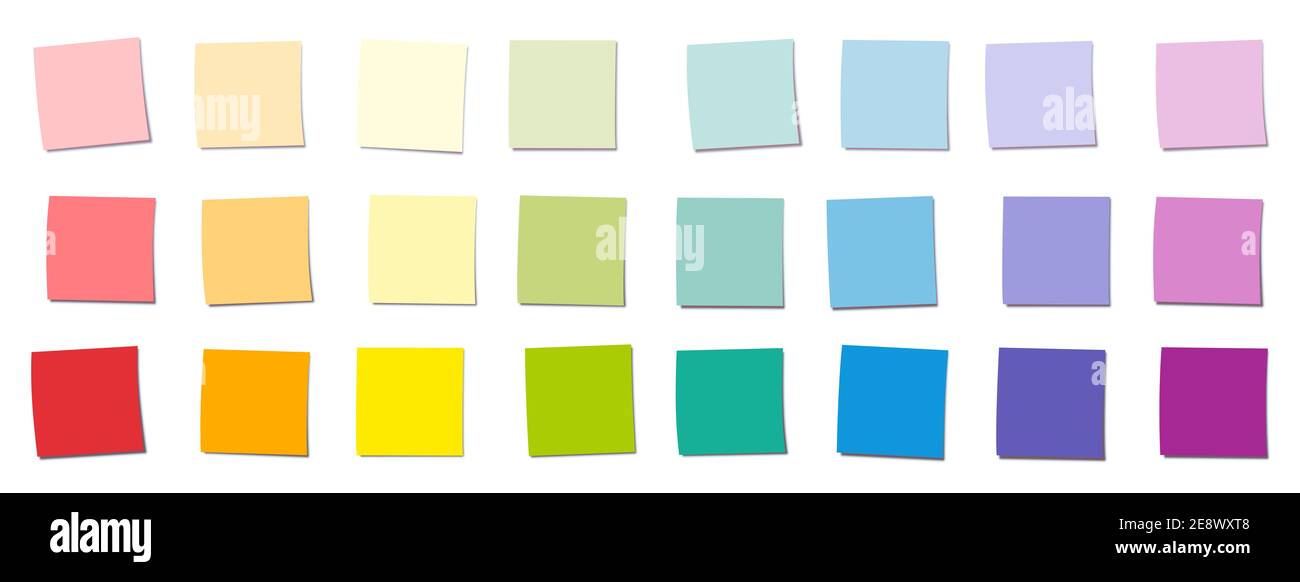 Note appiccicose, taccuini quadrati colorati a gradiente arcobaleno, colori e saturazioni differenti - illustrazione su sfondo bianco. Foto Stock